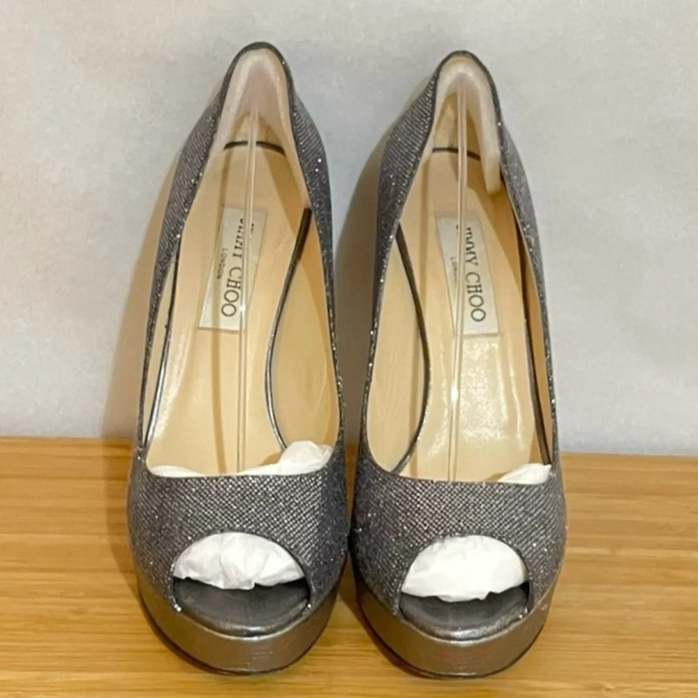 Jimmy Choo Dhalia stilleto pumps 120mm 3/4” platform Silver grey glitter EU38.5 - Picture 2 of 10